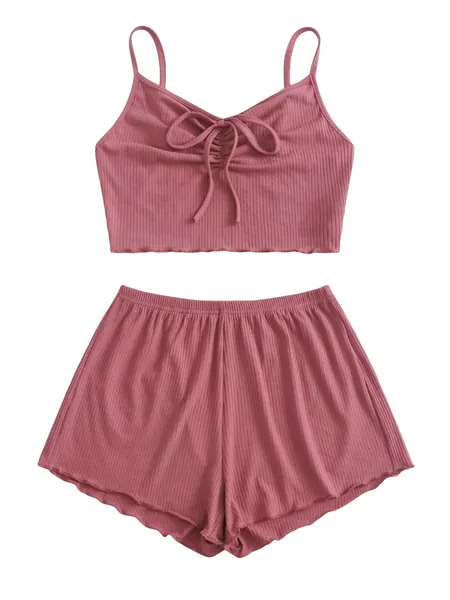 SheIn Women's 2 Piece Sleeveless Button Crop Tank Tops and Shorts Lounge Set - Medium Redwood