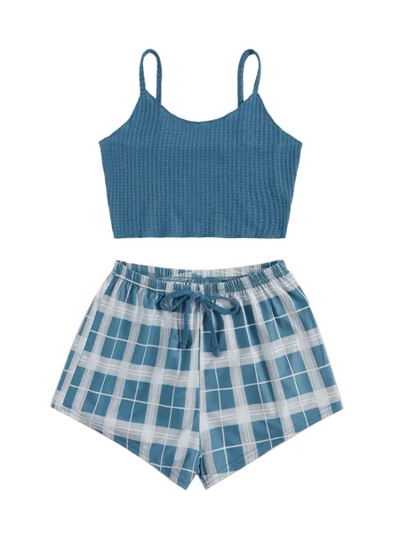 SheIn Women's 2 Piece Sleeveless Button Crop Tank Tops and Shorts Lounge Set - Medium Blue Plaid