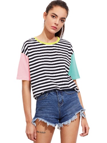 Romwe Women Crewneck Striped Short Sleeve T-Shirt Top Blouse