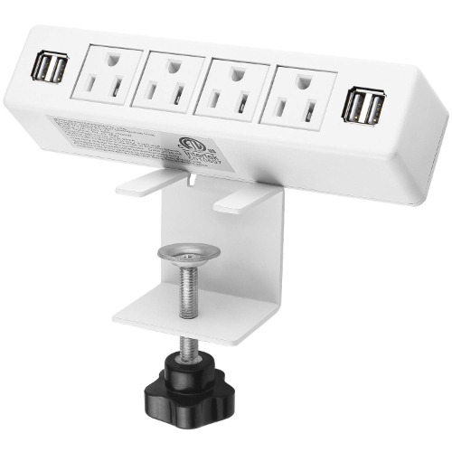 Desk Edge Power Strip with 4 USB Port Removable Clamp Power Outlet Socket with 6.5 ft Extension Cord Connect 4 Plugs for Home Office Reading(White)