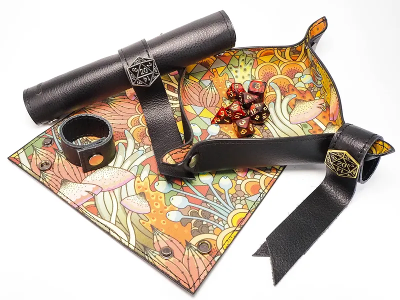 Canvas Fungus and Leather Collapsible Dice Tray - Leather Valet Tray and Catch All Tray. Fantastic Graduation Gift for Him