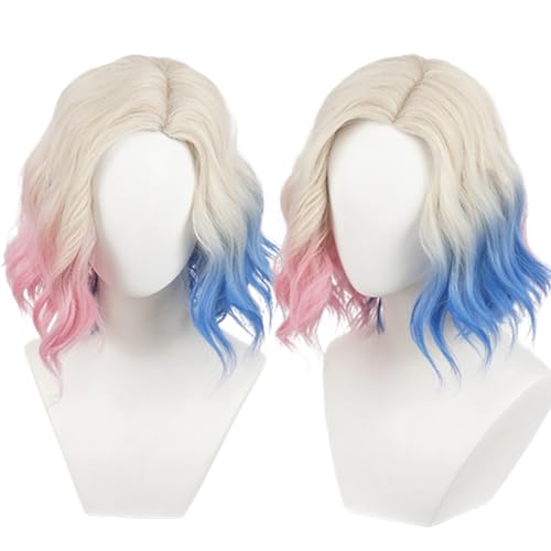 NiceLisa Wigs Blonde Kurze Welle Locken Perücken mit Rosa Blau Haar Frauen Anime Cosplay Perücke Kostüm Perücken - Blonde-Pink