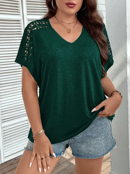Summer Contrast Lace Batwing Sleeve Loose Casual T-Shirt With V-Neck