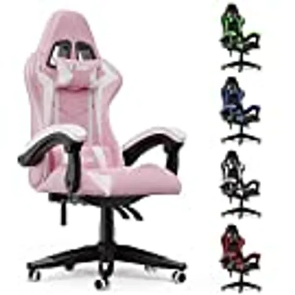 bigzzia Chaise de jeu, de bureau pivotante et robuste, design ergonomique avec coussin et support dorsal inclinable (rose et blanc)