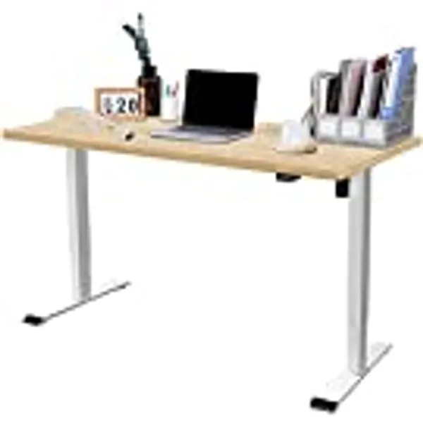 FLEXISPOT EG1 Bureau Assis Debout 160x80x(73-123) cm, Bureau Électrique Réglable en Hauteur à 2 Étages avec Mono-Moteur, Bureau à Domicile, Panneau à 2 Boutons(Cadre Blanc+Plateau érable)