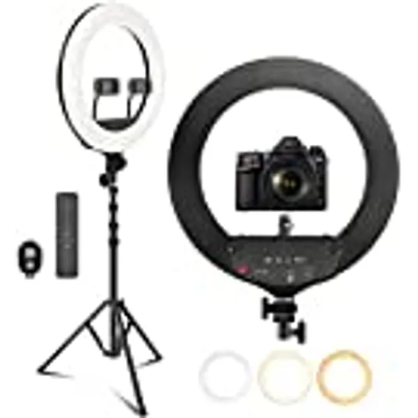 PEHESHE Ring Light Kit Anneau Lumineux 48 cm/18 Pouces 2700-6500K Lumière Anneau à Intensité Réglable avec Pied, Porte-Smartphone, Monture Sabot pour Photo Studio Maquillage Vidéo