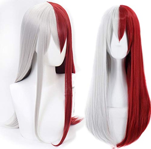 Anogol Hair Cap+Silver Half Red Long Wavy Cosplay Wig With Bangs for Women Anime Costume Cosplay Synthetic Wig for Halloween Costume Party