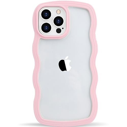 LOEV Design for iPhone 13 Clear Case with Wavy Edge, Cute Fashion Transparent Curly Wave Shape Frame Phone Case, Shockproof Hard PC & Soft TPU Bumper Protection Cover for Women Girls, Pink - iPhone 13 - Pink