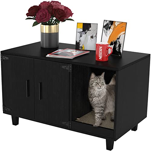 GDLF Modern Wood Pet Crate Cat Washroom Hidden Litter Box Enclosure Furniture House as Table Nightstand with Scratch Pad,Stackable (Black) - Black