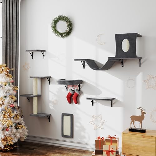 NUNU LAB Cat Wall Shelves, 6 Pcs Luxury Wall-Mounted Cat Climber Set, Indoor Cat Furniture with 1 Cat Condos House, 2 Cat Wall Shelves, 1 Cat Scratching Post, 1 Cat Bridge Ladder (BLACK) - BLACK