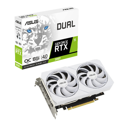 ASUS Dual NVIDIA GeForce RTX 3060 White OC Edition Gaming Graphics Card (PCIe 4.0, 8 GB GDDR6 memory, HDMI 2.1, Display Port 1.4 a, 2-slot design, Axial-tech fan design, 0dB technology, and more)