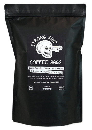 Moreish Coffee Roasters Strong Shit! Coffee Bags - Dark Roasted Blend of Arabica and Robusta (50 Coffee Bags)