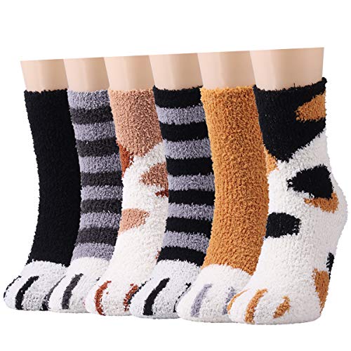 Fluffy Socks for Women - 6 Warm Pairs Winter Cozy Girls Super Soft Fuzzy Home Bed - One Size - 6 Pairs Paw