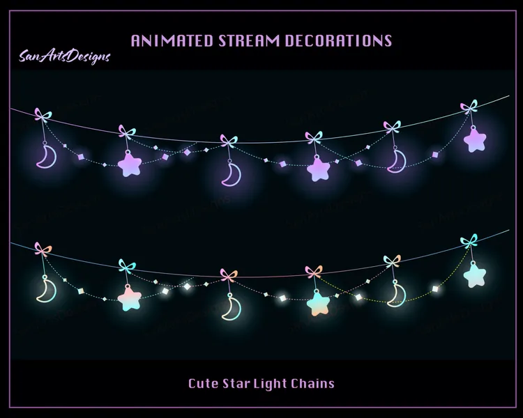 Cute Moon Star Light Chains Animated Stream Decorations, Celestial Lights Twitch Overlay for Streamer, Vtuber, OBS, Streamlabs