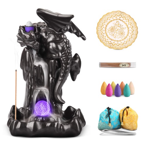 YAJODI Dragon Backflow Incense Holder Waterfall Incense Burner, Smoke Incense Holder,with 70 Backflow Incense Cones+50 Incense Stick,1 Mat,1 Tweezers Aromatherapy Ornament Home Decor（Black Brown）