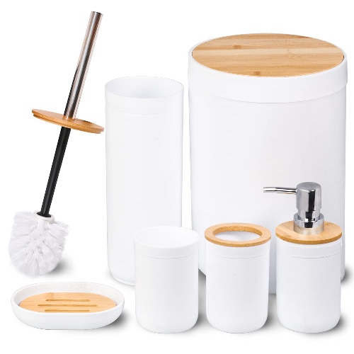 CERBIOR Bamboo Bathroom Accessory Set, 6 Pieces Bath Set- Soap Dish Toothbrush Holder Rinse Cup Lotion Bottle Trash Can Toilet Brush - Practical Toilet Kit for Home Washing Room,White - White