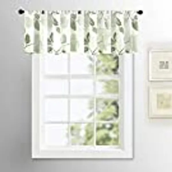 MRTREES Sheer Printed Valance Curtains for Kitchen Windows, Small Modern Rod Pocket Voile Valance Window Treatment for Bathroom Basement （ 1 Pack, 54" W x 16" L, White with Olive Green Floral Pattern