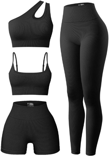 OQQ Women's 4 Piece Outfits Ribbed Exercise Scoop Neck Sports Bra One Shoulder Tops High Waist Shorts Leggings Active Set