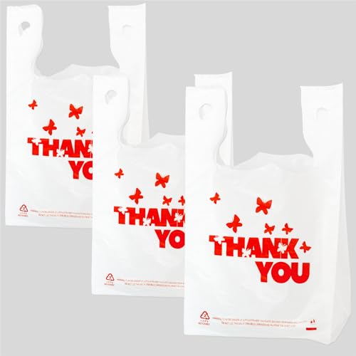 YoYoRain White Thank you bags, 100PCS T shirt bags, To Go Bags,Grocery bags, Reusable and Disposable,Perfect for Small Business,Take Out,Retail, Large - Large - Red Design - 100