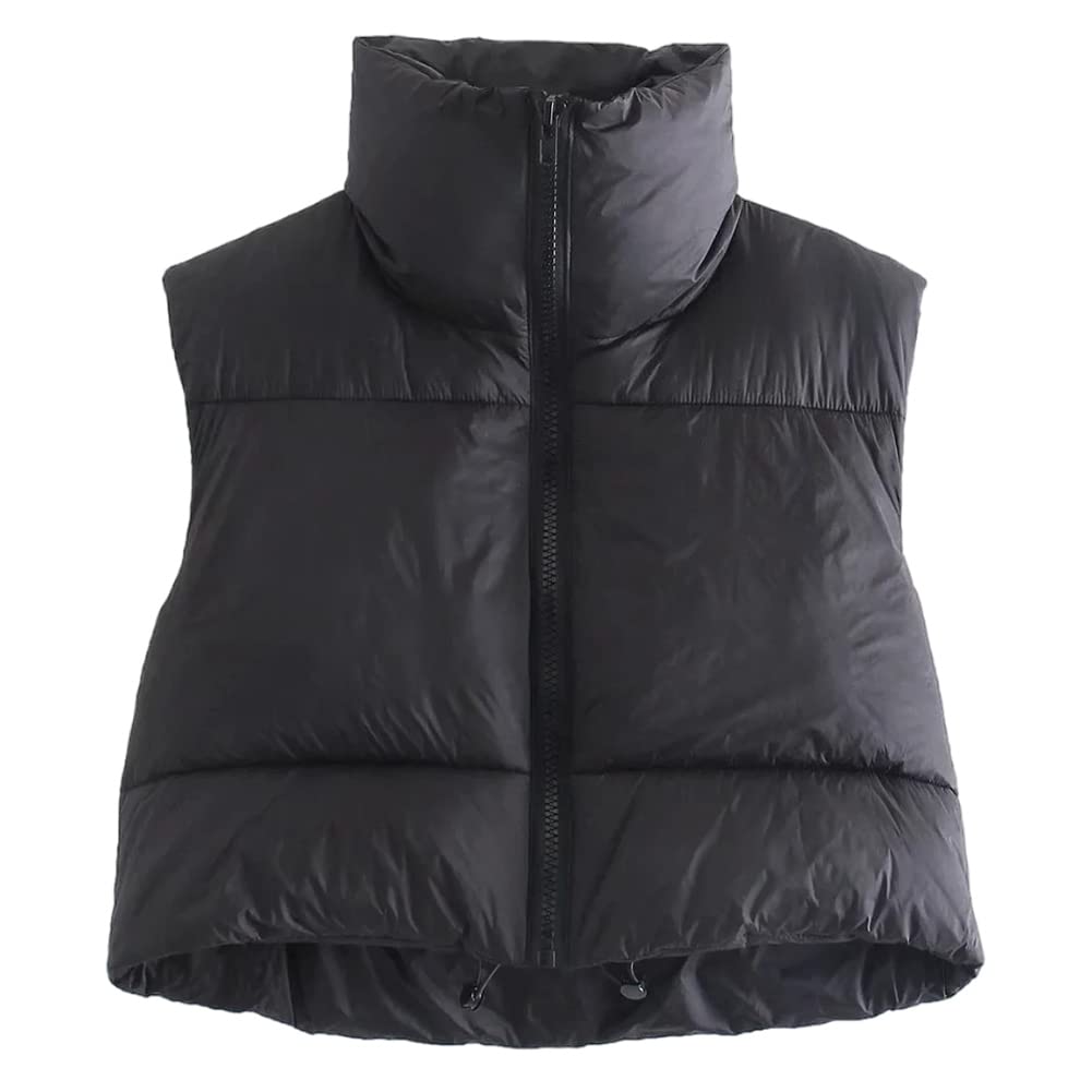 KEOMUD Women's Winter Crop Vest Lightweight Sleeveless Warm Outerwear Puffer Vest Padded Gilet - Black Small