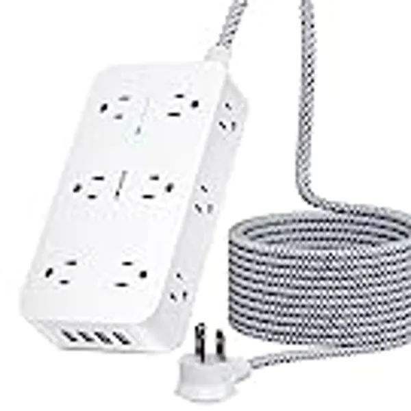 Power Strip Surge Protector- HANYCONY 3 Side 12 Wide Outlets 4 USB Ports, 5Ft Braided Extension Cord Flat Plug, Overload Surge Protection, Wall Mount, Desk Charging Station for Office Home ETL Listed