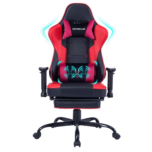 FANTASYLAB Gaming Chairs for Adults,Gaming Chair with Massage Lumbar Support and Retractible Footrest, High Back Ergonomic Computer Chair,Adjustable Armrests and Backrest (Red) - Red