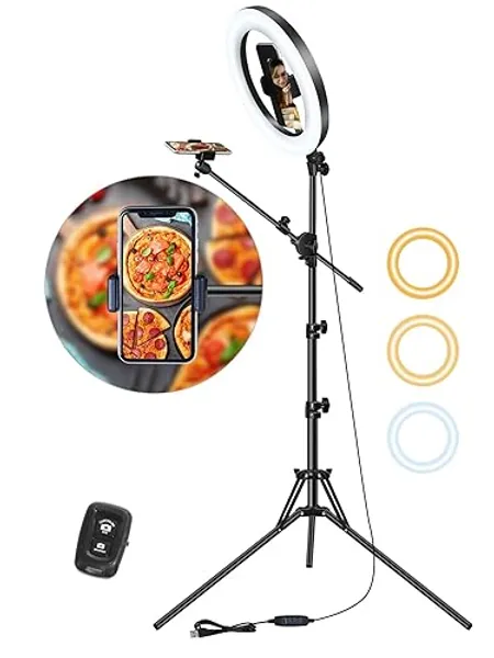 LUXSURE Selfie Ring Light with Stand for Phone, Ring Light Tripod for iPhone, Overhead Phone Mount 10.5" with Phone Stand and Remote, Phone Tripod with Light for Video Recording/Live Streaming/Cooking - Tripod