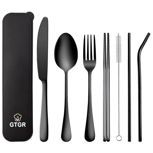 Portable Travel Utensils 18/8 Stainless Steel Reusable Utensils with Case for Lunch Box 8-Piece Including Knife Fork Spoon Chopsticks Cleaning Brush Metal Straws Silverware Set (Black)