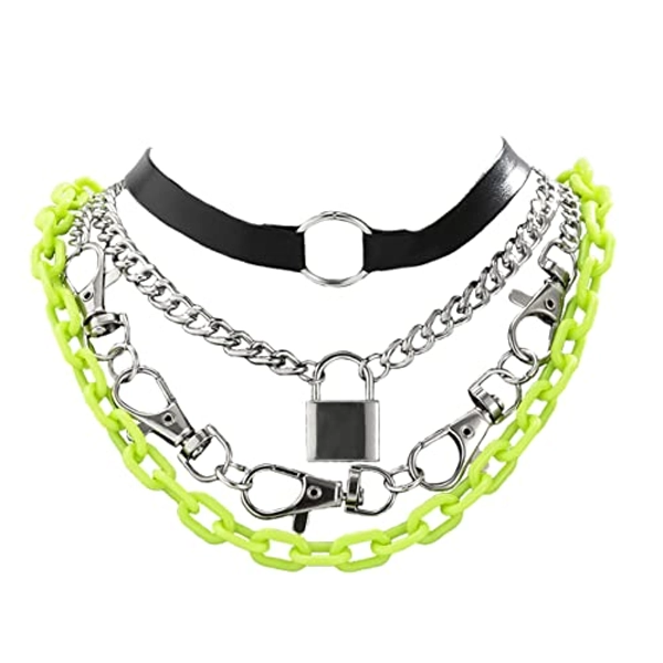 Impurain Punk Layered Necklace PU Leather Choker for Women Lock Pendant Necklace Hip Hop Choker Necklace