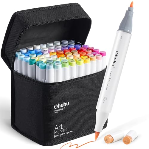 Ohuhu Alcohol Markers Brush Tip - Double Tipped Art Marker Set for Artist Adults Coloring Illustration- 72 Colors- Alcohol-based Refillable Ink - Fine & Brush Dual Tips - Honolulu B of Ohuhu Markers - Fine & Brush