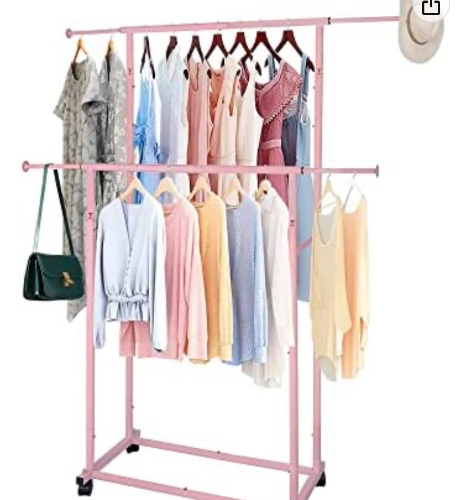 Amazon.com: Fishat Simple Standard Double Rod Clothing Metal Garment Rack for Hanging Clothes, Rolling Clothes Organizer on Lockable Wheels for Women Girls Kids (Pink) : Home & Kitchen