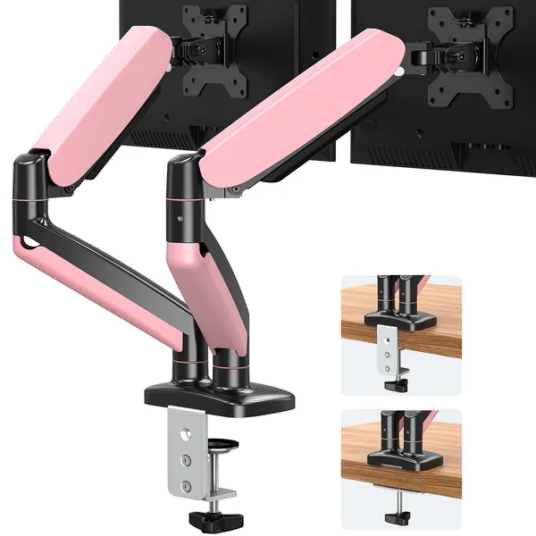 MOUNT PRO Pink Dual Monitor Desk Mount Stand - Height Adjustable Gas Spring Monitor Arm Stand, Double Computer Monitor Mount Stand fits 2 Screens 17 to 32 inch - Each Arm Holds up to 17.6LBS - Pink