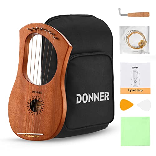 Donner Lyre Harp, 7 Metal Strings, Mahogany Body and Bone Saddle DLH-001 Lyre Harp for Beginner Kids with Tuning Wrench, Spare String Set, Black Gig Bag, Manual, Ancient Greece Style - 7 Strings