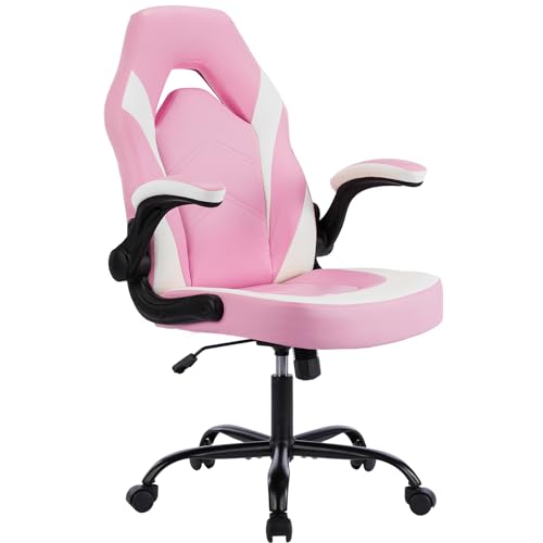 DUMOS Ergonomic Computer Gaming Chair - Home Office Desk with PU Leather Lumbar Support, Height Adjustable Big and Tall Video Game with Flip-up Armrest, Swivel Wheels for Adults and Teens, Pink - Pink White - Modern