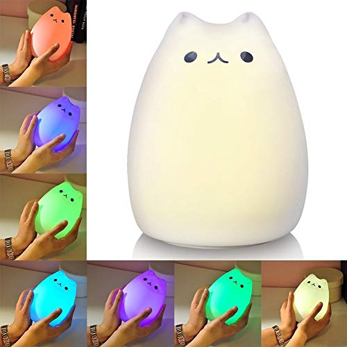 SCOPOW Night Lights for Kids Room Squishy Cat Lamp for Desk Decor, Kawaii Anime Silicon Light Up for Toddler Baby Girls, Cute Cat Themed Gifts for Cat Lovers - Colorful