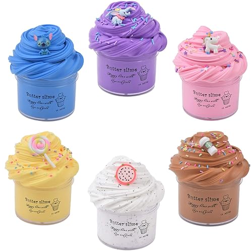 6 Pack Butter Slime Kit with Blue, Elephant, Unicorn, Candy, Dragon Fruit and Coffee Charms, Scented DIY Slime Supplies for Girls and Boys, Stress Relief Toy for Kids Education, Party and Gift - 6 Pack