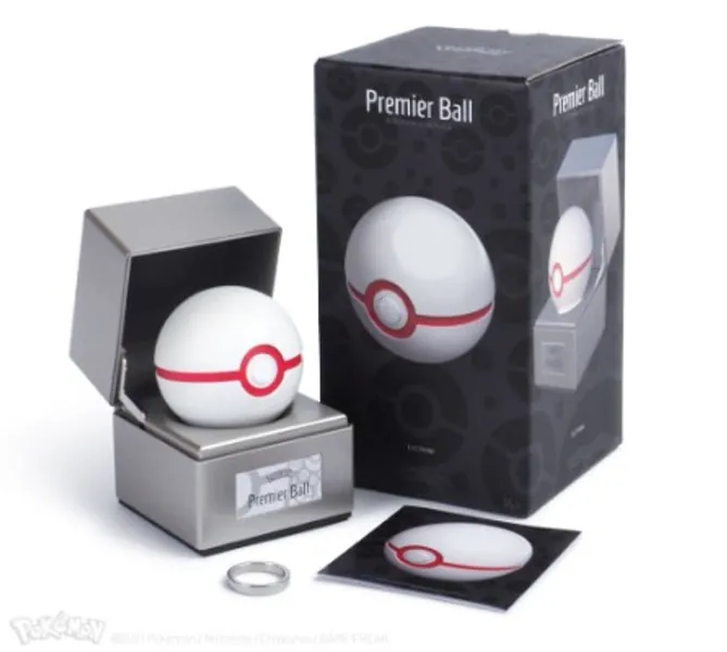 The Wand Company Premier Ball Authentic Replica - Realistic, Electronic, Die-Cast Poke Ball with Ball and Display Case Light Features Officially Licensed by Pokemon