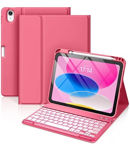 Hamile for iPad 10th Generation Case with Keyboard 10.9 Inch - 7 Colors Backlit Wireless Detachable Folio Keyboard Cover with Pencil Holder for New iPad 10th Gen 2022 (Pink) - Pink