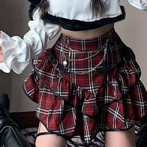 'End Chapter' Red Plaid Grunge Skirt - Red / XXL