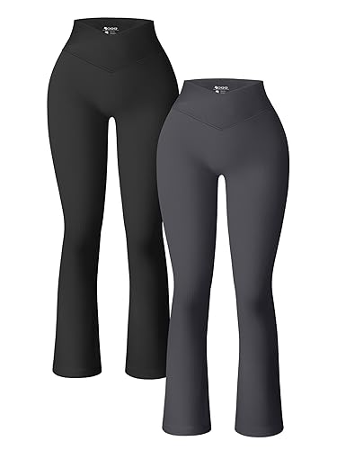 OQQ Women's 2 Piece Yoga Pants Ribbed Seamless Workout High Waist Cross Over Bell Bottoms Exercise Flare Leggings - X-Large - Black,darkgrey