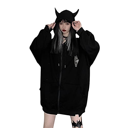 LAVASEON Women Oversized Devil Horns Butterfly Brooch Chain Hoodies Harajuku Goth Zip Sweatshirt Pullover Tops - XX-Large - Black