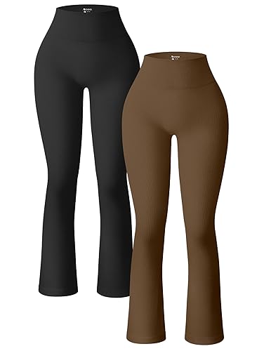 OQQ Women's 2 Piece Yoga Pants Ribbed Seamless Workout High Waist Bell Bottoms Flare Leggings - X-Large - Black,coffee