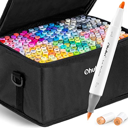 Ohuhu Brush Markers - 216-color Double Tipped Alcohol-based Art Marker Set for Artist Adults Coloring Illustration -Brush & Chisel Dual Tips - Honolulu Series of Ohuhu Markers Pen Gift
