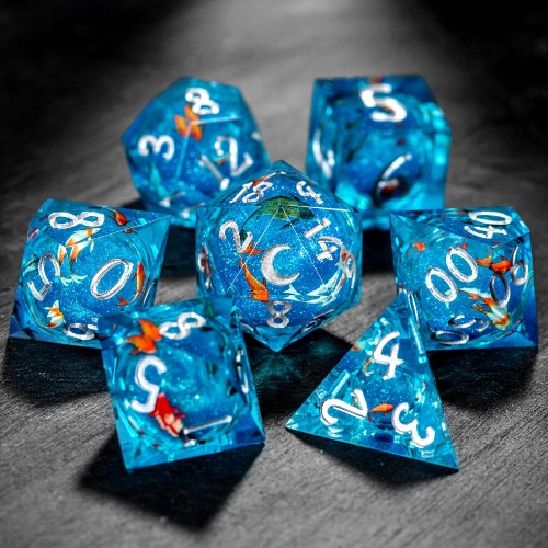Aquamarine Koi Fish Liquid Core Resin Moon DnD D&D Dice Set | Full Set