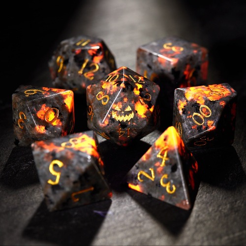 Yooperlite Gemstone Halloween Pumpkin DnD D&D Dice Set | Full Set