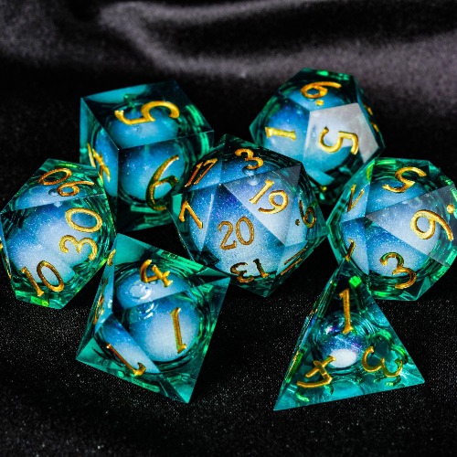 Green Liquid Core Resin Galaxy DnD D&D Dice Set | Full Set