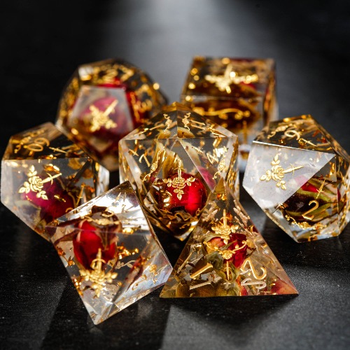 Rose Bud Glitter Resin Rogue Rose Motif DnD D&D Dice Set | Full Set