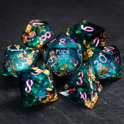 Green Glitter Liquid Core Resin F Word DnD D&D Dice Set | Full Set
