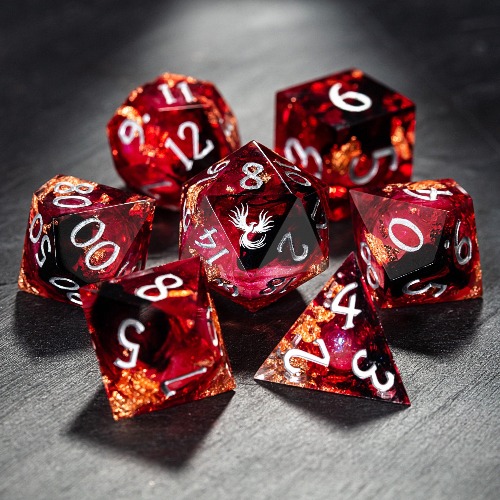 Red Glitter Liquid Core Resin Phoenix DnD D&D Dice Set | Full Set