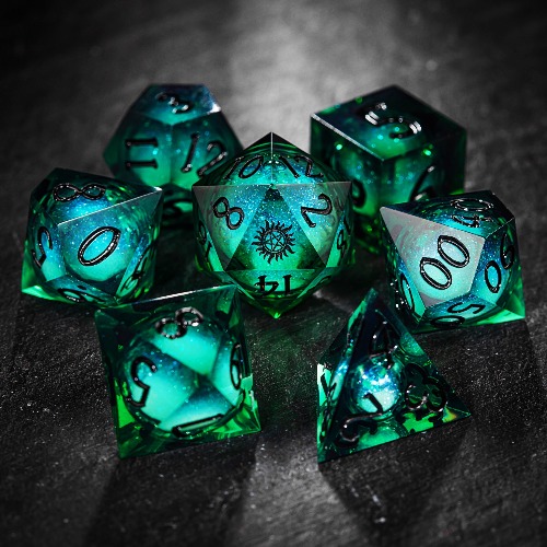 Green Liquid Core Resin Galaxy Dice Supernatural Anti-possession DnD D&D Dice Set | Full Set